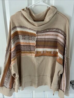 Free People Striped Waffle-Knit Funnel Neck Sweater